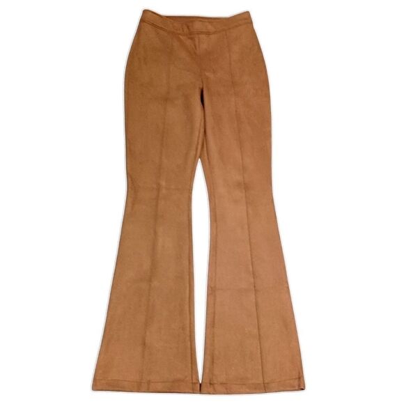 SPANX Faux Suede Pants M Flare Leg Pull On Stretch Camel Color Bohemian Hippie. - Picture 2 of 16